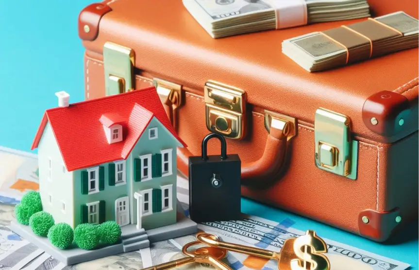 A pile containing a home, briefcase, and keys on a stack of dollar bills