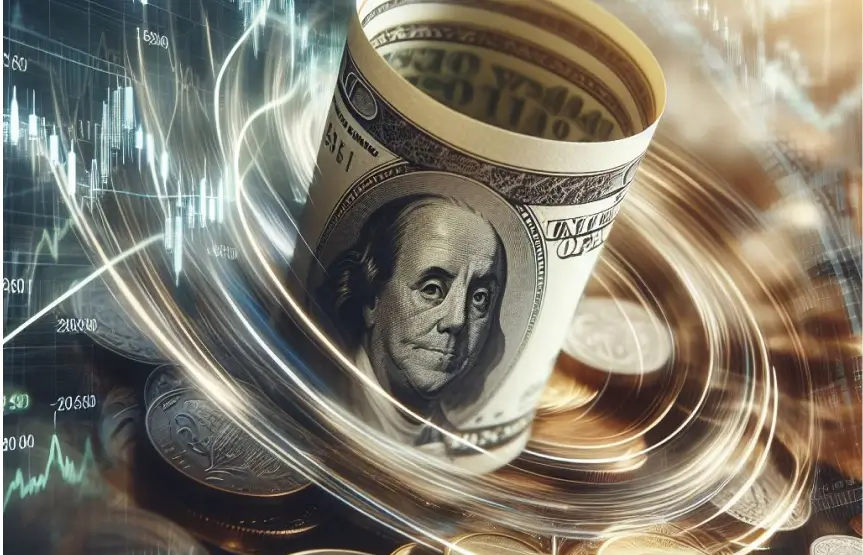 $100 dollar bill mixing into a digital blend with charts and graphs in the background