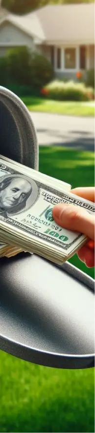 Hand delivering a stack of dollar bills into a home mailbox, in front of a grassy yard