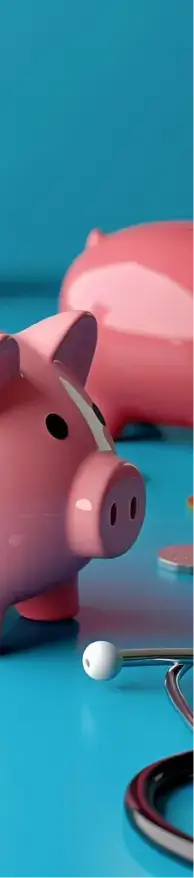 Glossy piggy banks surrounded by coins and medical supplies