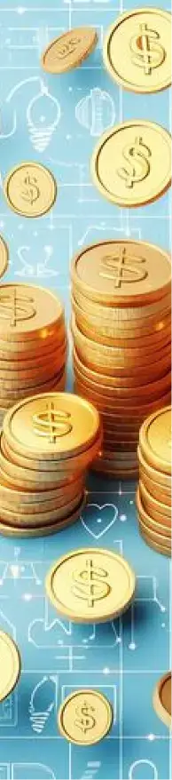 Stack of gold coins on a blue floor with medical symbols carved into it