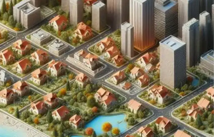 Airial graphic of a city of different zones, residential and commercial