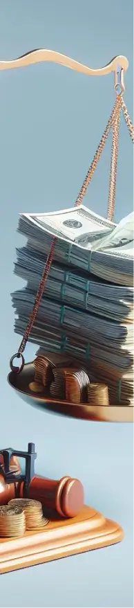 A two sided scale of a breifcase on one side and a stack of dollar bills on the other side