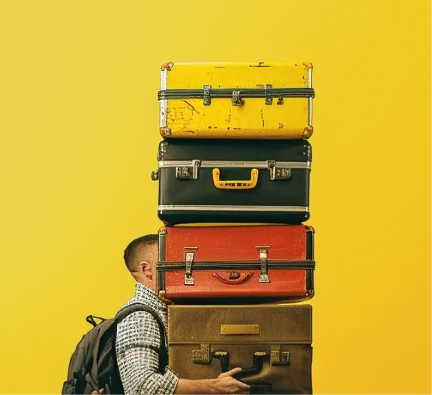 A man carrying a large stack of suitcases reaching far over his head