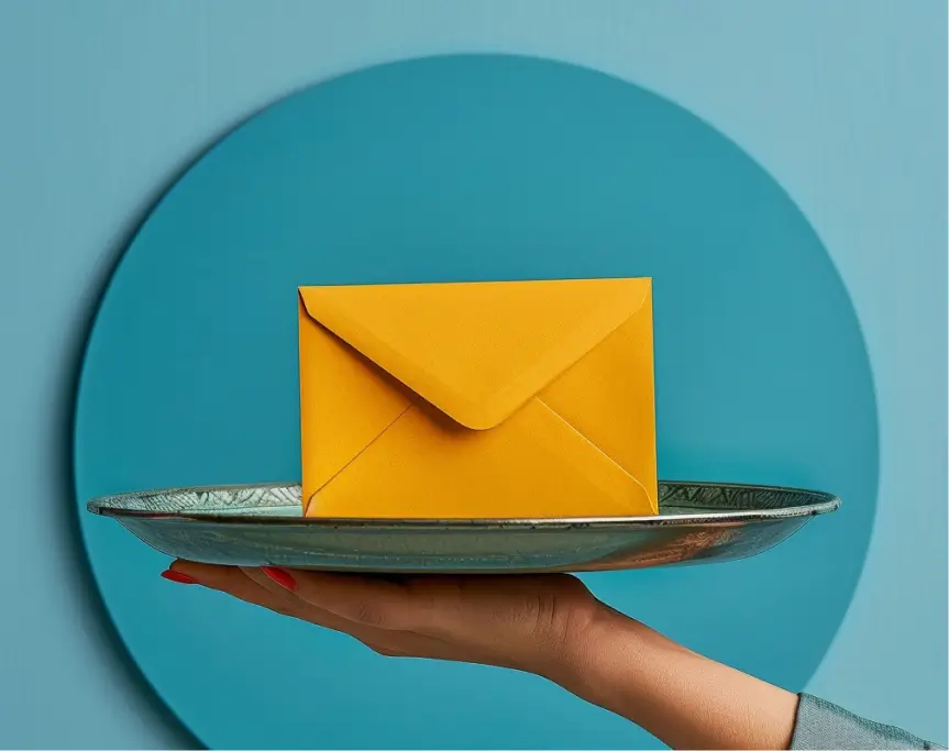 A hand delivering a silver platter containing a yellow envaleope